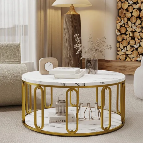 Miniatura 3 de Mesa de café redonda, mesa de madera con patrón de mármol y almacenamiento abierto redondo, patas sólidas de metal dorado para sala de estar