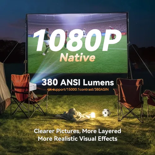 Miniatura 2 de Proyector Bluetooth WiFi 5G, proyector de cine al aire libre nativo 1080P con pantalla de 200 pulgadas, proyector de video de cine en casa 380ANSI