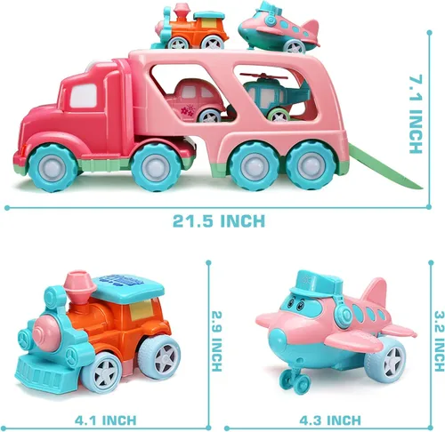 Miniatura 4 de Juego de juguetes de transporte (5 en 1) con luces y sonidos, juguete rosa para niñas pequeñas, camión de transporte de doble capa alimentado por