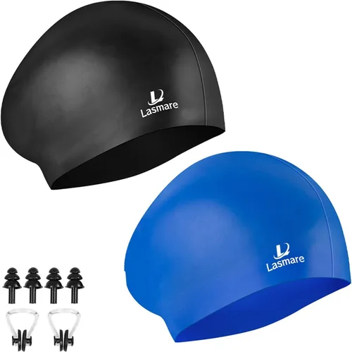 Long Hair Swim Cap for Women 2 Pack, Silicone Swimming Caps for Unisex Adult Women Men with Ear Plugs & Nose Clip Set, Waterproof Adult Swim Hats