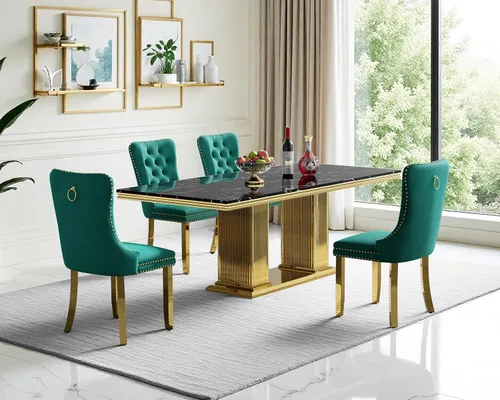 Miniatura 16 de Juego de mesa de comedor de mármol para 4, mesa de cocina rectangular de mármol negro de 68 pulgadas con base en H de acero inoxidable dorado, juego