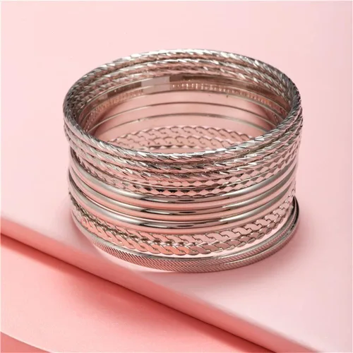 Miniatura 5 de Juego de 16 pulseras de oro para mujer, pulseras texturizadas apilables de varias capas, juego de joyas bohemias.