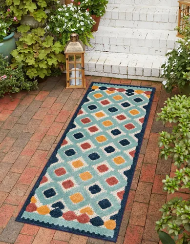 Unique Loom Belize Outdoor Collection - Alfombra Sarstoon (2 x 8 pies, color marfil/azul claro)