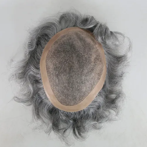 Miniatura 5 de Zigzag Toupee gris para hombre, cabello humano de 8 x 10 pulgadas, 1B mezclado, 80% gris, extensión de repuesto fina 1B Mix 80% Gris