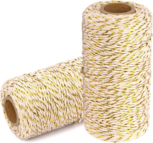 Miniatura 17 de Cuerda de algodón para panaderos: 2 rollos de cordel para envolver regalos de manualidades, hilo de oro de 656 pies, hilo blanco para cocina 24