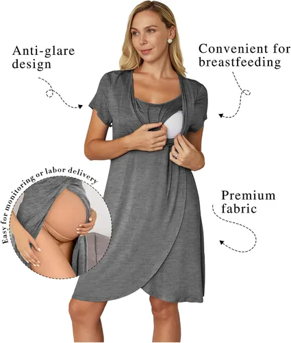 Miniatura 2 de Ekouaer Camisón de enfermería 3 en 1 camisón de maternidad de manga corta vestido de enfermería para lactancia materna ropa de dormir vestido