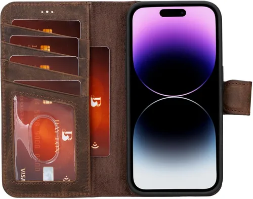 Miniatura 8 de Bayelon Funda tipo cartera para iPhone 15 Pro, cartera de cuero de grano completo, funda magnética desmontable, tarjetero, funda tipo cartera