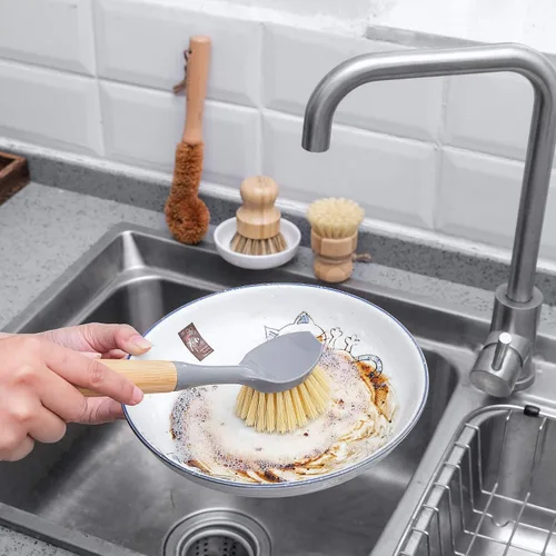Miniatura 6 de Juego de 4 cepillos de bambú natural para limpiar botellas, con dispensador de jabón de cerámica, cepillos de madera con asas resistentes
