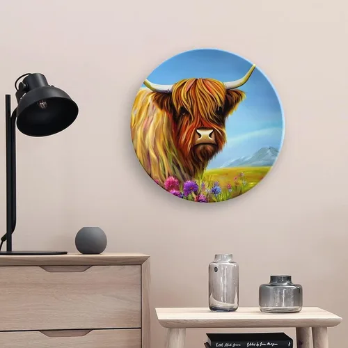 Miniatura 5 de Plato decorativo, acuarela de vaca de las tierras altas, placa de exhibición, decoración artística, pintura para el hogar, oficina, fiesta, cena