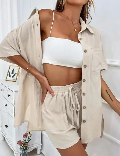 Miniatura 2 de BQDCQB Women 2 Piece Outfits Summer Casual Cotton Button Down Short Sleeve Shirt and Drawstring Short with Pocket