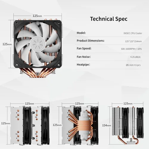 Miniatura 7 de upHere D6SEC Enfriador de aire de CPU de doble torre con tubos de calor de cobre de 6mm x 6 y ventiladores PWM ARGB de 5V de 120mm