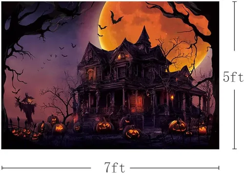 Miniatura 3 de MEHOFOND Telón de fondo temático de Halloween de 7 x 5 pies, horrible luna llena, fondo de fotografía de noche de castillo morado, calabaza, madera