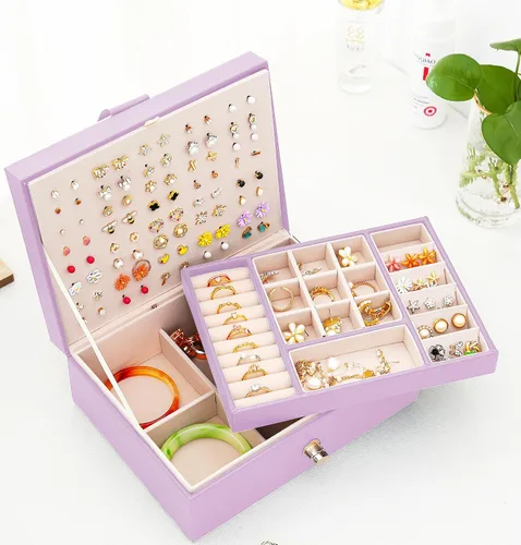 Miniatura 36 de Joyero de pendientes para mujeres y niñas, organizador de aretes de 5 capas, caja organizadora de joyas blanca con candado, collares y aretes