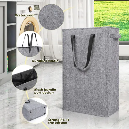 Miniatura 5 de Odonata Cesta de lavandería delgada con asas, cesta plegable para ropa sucia, bolsa de ropa sucia estrecha, cesta plegable para ropa sucia, 45 Gris