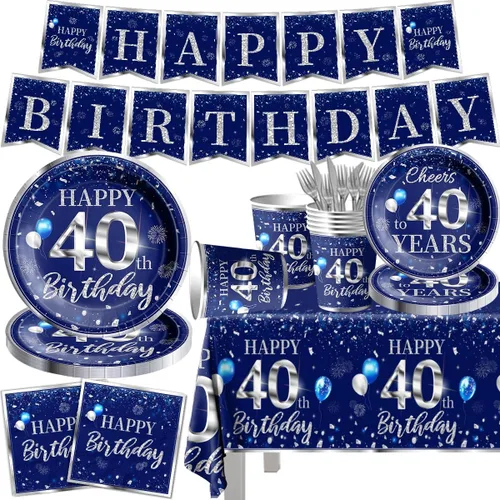 Miniatura 18 de Juego de vajilla de 142 piezas para decoración de cumpleaños número 50, color plateado y azul, suministros de fiesta de cumpleaños número 50