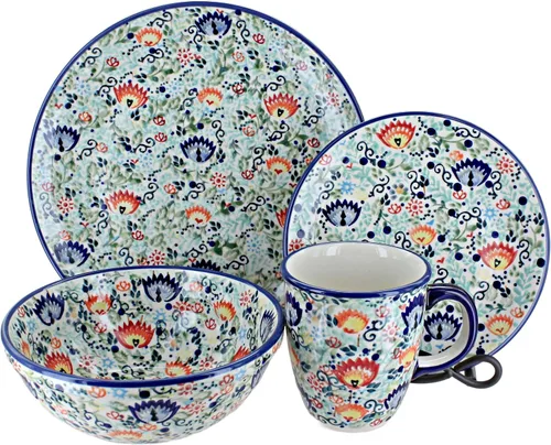 Miniatura 14 de Cerámica polaca Blue Rose - Victoria - Juego de vajilla de 16 piezas color blanco roto - 4 ajustes de lugar - Ideal para cenas diarias, comidas