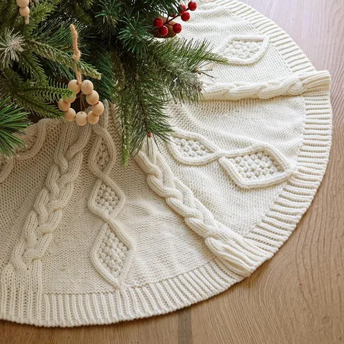 Miniatura 4 de Falda de árbol de Navidad de 48 pulgadas: Falda de árbol de punto de cable trenzado en diamante para árbol de 7.5 pies, falda de árbol blanco crema