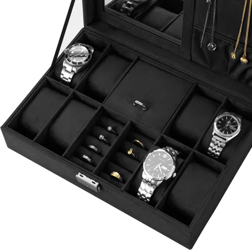 Miniatura 3 de Oyydecor Joyero organizador de caja de reloj con 8 ranuras para almacenamiento de relojes, estuche organizador de joyas con espejo (negro)