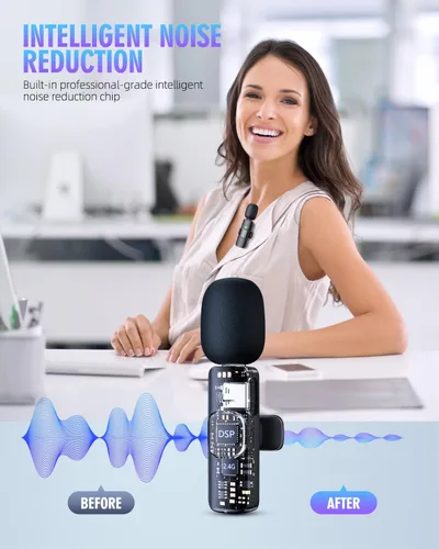 Miniatura 2 de PQRQP Micrófonos inalámbricos Lavalier 3 en 1 para iPhone, iPad, Android, cámara, micrófono USB-C, batería de 7 horas, micrófono mini con reducción