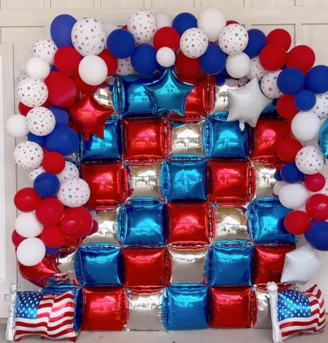 Miniatura 3 de Globos de aluminio cuadrados rojos, azules y plateados, kit de 25 globos de doble cara para fondo, túnel de helio, arco, guirnalda para el 4 de Rojo