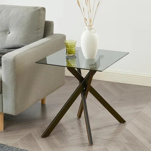Edwin's Choice - Mesa auxiliar cuadrada de cristal negro con tapa de cristal templado gris y patas tubulares de metal negro con borde dorado 50,8 cm
