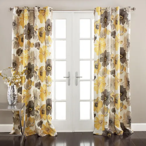 Lush Decor Leah Paneles de Cortina para Ventana con Filtro de Luz, Par, 52" An x 120" L, Amarillo y Gris - Cortinas Florales para Dormitorio -