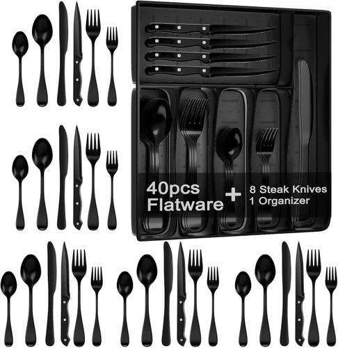 Juego de cubiertos negro de 49 piezas con organizador, juego de cubiertos de acero inoxidable para 8 con bandeja de cajón, cubiertos con cuchillos