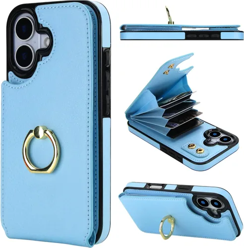 Miniatura 15 de Folosu Funda compatible con iPhone 17 con soporte para tarjetas, rotación de 360°, soporte de anillo de dedo con función atril, bloqueo RFID