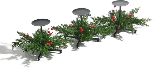Heleze Juego de 3 portavelas de Navidad, portavelas de hierro negro con bayas rojas de cedro sintético, soporte de metal decorativo de 7.1 pulgadas