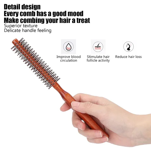 Miniatura 5 de Cepillo de pelo redondo para secado con nailon suave, cepillo de pelo redondo rizado en caliente con mango de madera, unisex para secado con soplado