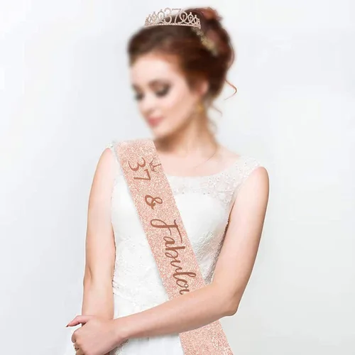 Miniatura 2 de BRT Bearingshui Banda y tiara de cumpleaños número 37 para mujer, corona de banda de cumpleaños de oro rosa 37 y fabulosa banda y tiara para mujer