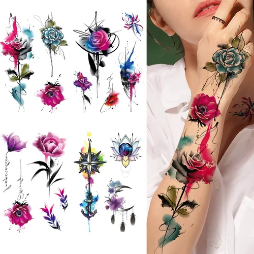 Glaryyears Tatuaje temporal de flores de acuarela para mujeres y niñas, calcomanías realistas de larga duración, paquete de 10 tatuajes falsos de
