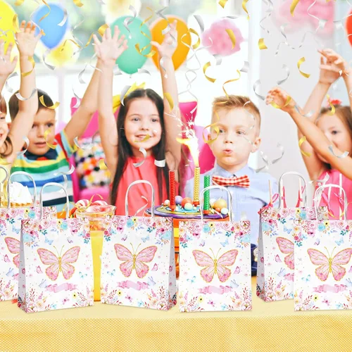 Miniatura 6 de Nezyo 24 bolsas de regalo de mariposa para fiesta, 8 x 10 pulgadas, bolsas de dulces con texto en inglés "Thank You for Fluttering", bolsa de papel