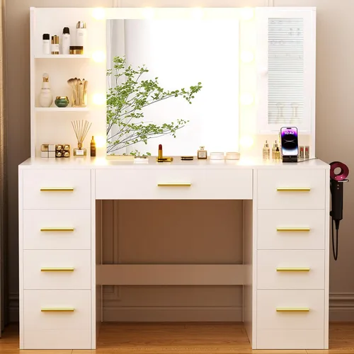 ERLEJIA Escritorio de tocador con espejo y luces, escritorio grande de maquillaje blanco de 43 pulgadas con 9 cajones y toma de corriente, 3