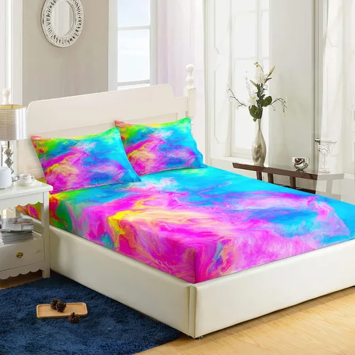 AILONEN Sábana Bajera Ajustable con Tie Dye Tamaño Twin, Sábanas de Cama Coloridas de Estilo Hip-hop Superior para Niñas Adolescentes Niños, Juego