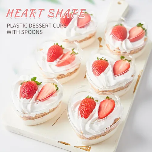 Miniatura 5 de Paquete de 50 tazas de postre en forma de corazón de 5 onzas con tapas y cucharas, mini tazas de postre para servir en fiestas, parfait, queso
