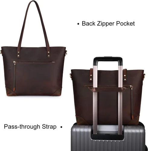 Miniatura 3 de S-ZONE - Bolso de mano de piel auténtica vintage para portátil, Bolsa de trabajo para mujeres con bolsillo trasero con cremallera