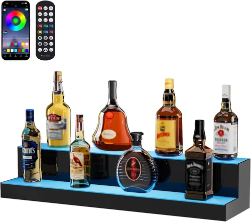 VEVOR Pantalla de botella de licor con iluminación LED, 2 niveles de 30 pulgadas, compatible con USB, estante iluminado de bar para el hogar con