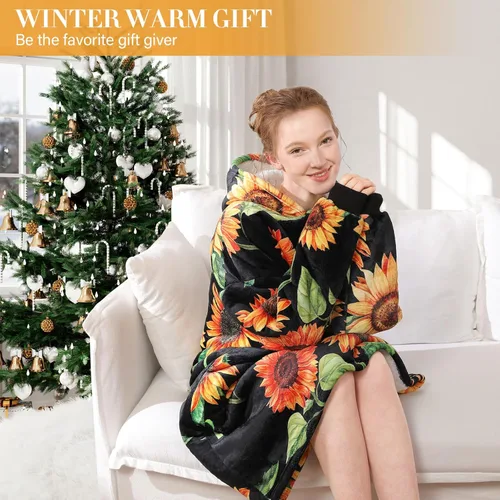 Miniatura 7 de LetsFunny Manta con Capucha, Sudadera Manta de Forro Polar Sherpa de Gran Tamaño Usable, Súper Suave Cálida y Acogedora con Bolsillo Gigante, Girasol