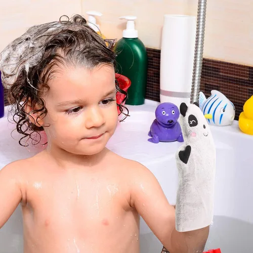 Miniatura 7 de Shappy 4 piezas de guantes de baño para bebé, guantes de panda para niños, toallas suaves para niños, diseñados en lindo animal, pato amarillo