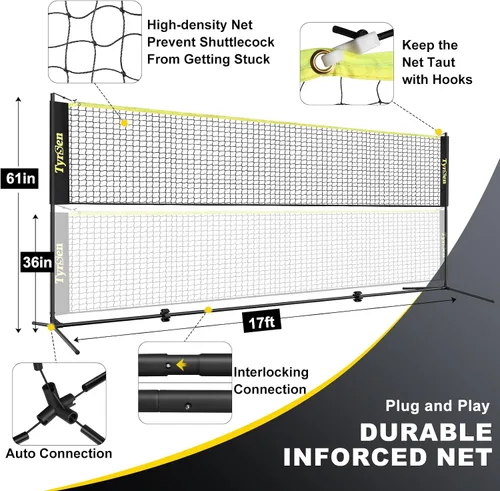 Miniatura 3 de Juego de red portátil de bádminton de pickleball de 17 pies, altura ajustable, red todo en uno con 4 paletas de pickleball 4 raquetas de bádminton