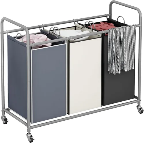 Miniatura 12 de LINZINAR Clasificador de ropa sucia de 3 bolsas, carrito cesto de ropa sucia con ruedas rodantes resistentes y con bloqueo y bolsas removibles