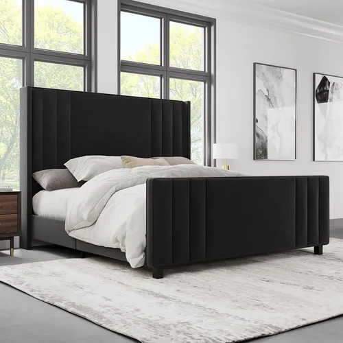 Miniatura 10 de Albott Base de cama de plataforma tamaño King, cama tapizada con cabecera y pie de cama con respaldo alado capitoné de canales verticales, Crema