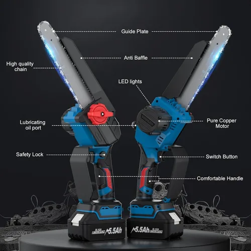Miniatura 4 de Mini motosierra, motosierra eléctrica portátil 2 en 1 de 8 y 6 pulgadas, inalámbrica, pequeña motosierra de mano para ramas de árbol, patio, hogar