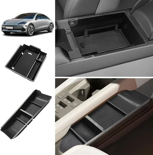 BestEvMod para Ioniq6 Caja de almacenamiento para reposabrazos y bandeja organizadora de consola central inferior 2PCS con ribete de goma negro