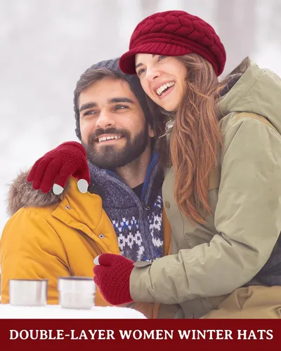 Miniatura 5 de SATINIOR Juego de 4 gorros y guantes de invierno para mujer, gorro de punto cálido, gorro de esquí de nieve con visera y guante para pantalla rojo