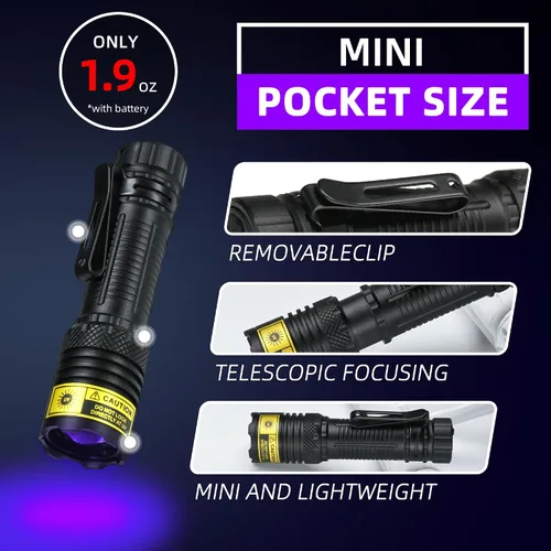 Miniatura 3 de Linterna UV DARKBEAM de 395nm, luz negra, mini pero potente, linterna de luz negra recargable por USB-C, LED, enfocable, lámpara de bosque
