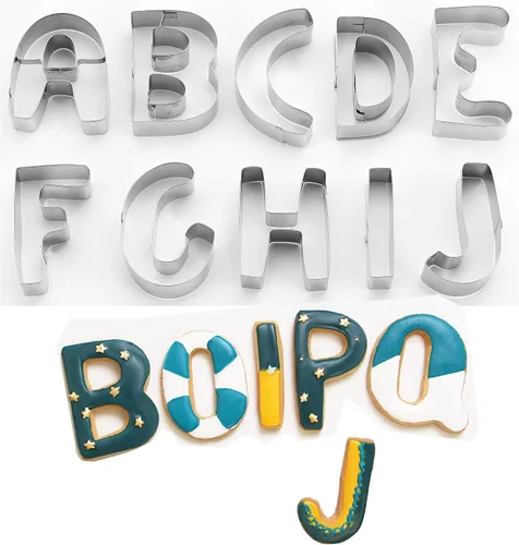 Juego de 26 piezas de cortador de galletas del alfabeto grande (A - Z), herramientas de decoración de acero inoxidable, cortador de fondant de letras