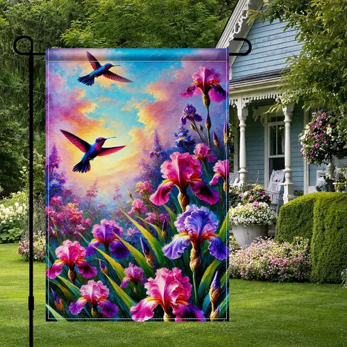 Miniatura 5 de BlissYard Bandera de jardín de primavera de 12 x 18 pulgadas, doble cara de colibrí, iris, pintura floral, patio, al aire libre, colorido