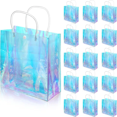 Miniatura 9 de Sherr 16 piezas bolsas de regalo pequeñas holográficas reutilizables iridiscentes transparentes para mujeres, portador de plástico de PVC con asas